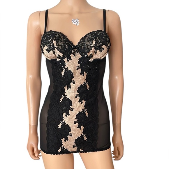 Victoria’s Secret Black Nude Lace Bustier Corset Garter Slip Dress Rhinestones